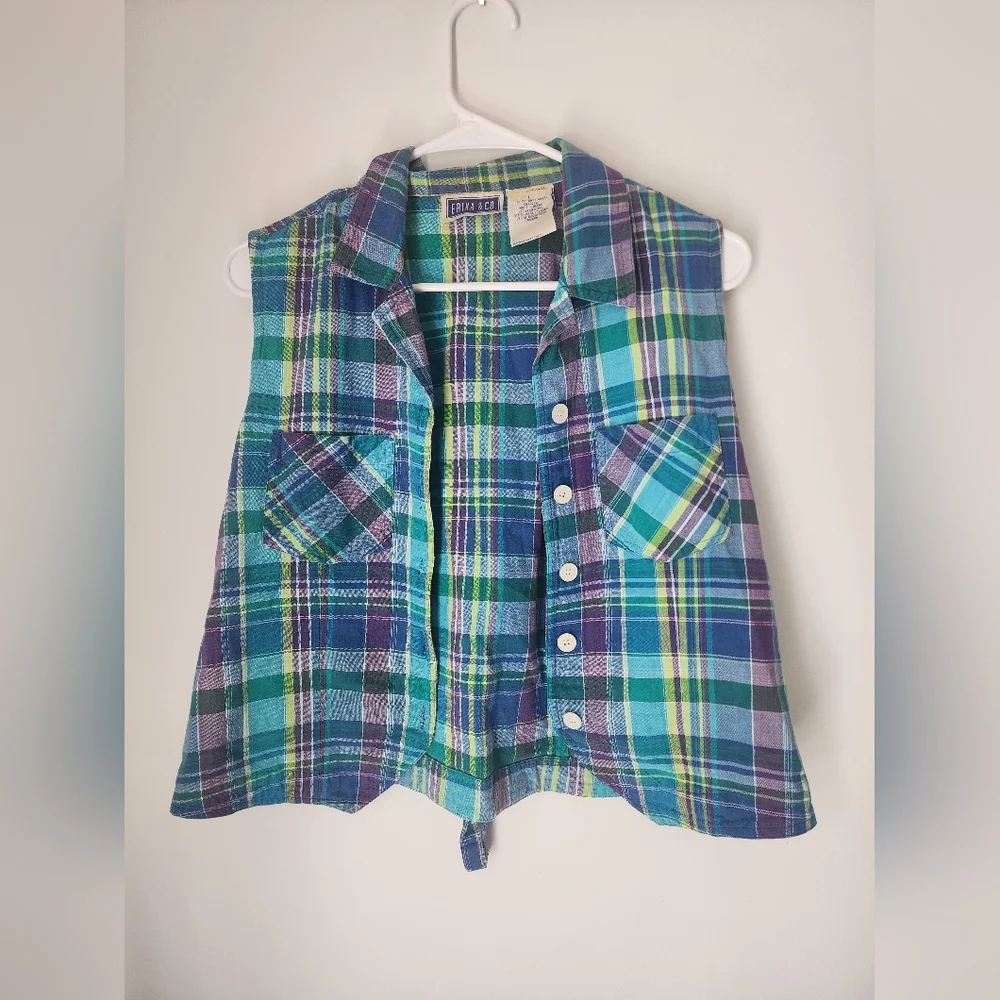 Vintage Erika & Co Plaid Multicolor Y2K Cottagecore Vest Top - Picture 2 of 5